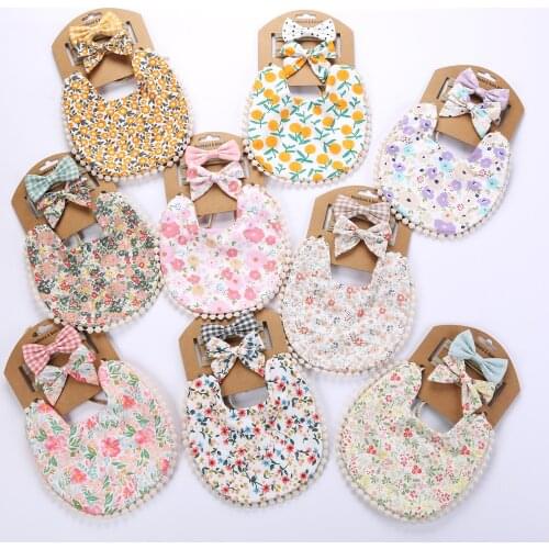 9Sets/Lot Baby Boys Girls Bibs & Headband Floral Dot Plain Print Tassel Dinner Saliva Towel Vintage Double Side Clothing Stuff