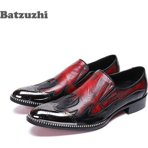 Batzuzhi Brand Luxury Men Dress Shoes Metal Tip Toe Wine Red Formal Business Leather Shoes Men Wedding and Party Zapatos Hombre