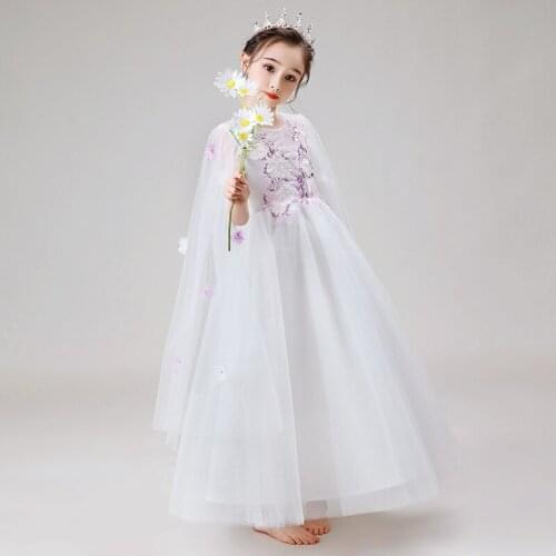 White Flower Girl Dresses Long 2020 Elegant O-neck Ball Gown Princess Girls Maxi Tulle Dresses For Wedding