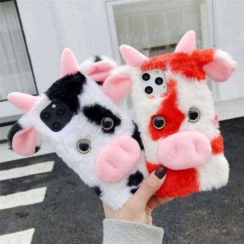 3D Cartoon Cow Furry Warm Fluffy Plush Phone Case For Samsung Galaxy M10 A30 A50 A70 A10S A20S A51 A71 A91 A81 A01 A31 A21S A10E