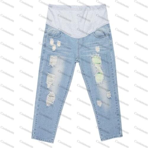 Maternity Denim Trousers Breathable Hole Blue Cotton Nursing Pregnancy Clothing Overalls New Pants Jeans Pregnant Women Clothes