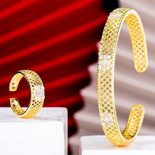 GODKI Trendy LUCKY FLOWER Saudi Arabia Bangle Ring Set Jewelry Sets For Women Wedding Engagement brincos para as mulheres 2019