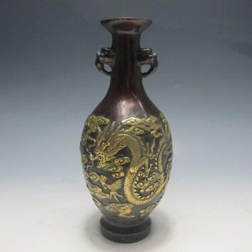 Elaborate Chinese Copper Gilt Hand-carved Dragon & Phoenix Binaural Vase with Oianlong Mark