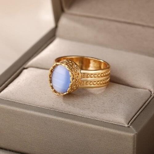 Vintage Stainless Steel Rings For Women Men Cute Blue Opal Stone Round Ring Party Jewelry Gift Bague Bijoux Femme