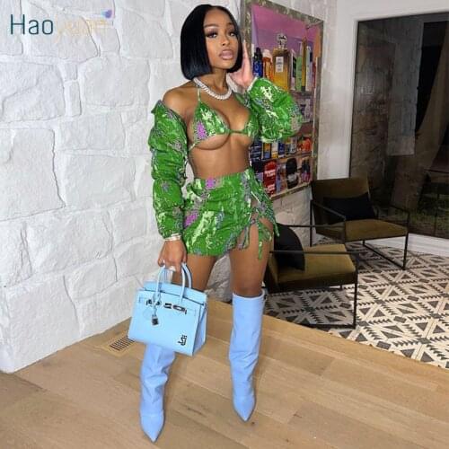 HAOYUAN Sexy 3 Piece Set Halter Crop Top Long Sleeve Coat Bodycon Bandage Mini Dress Summer Beachwear Outfits Club Matching Sets