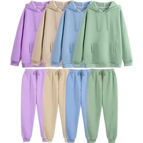 Two Pieces Set Fleece Tracksuits Women Hooded Oversized Sweatshirt Pants Solid Color Hoodie Suits Autumn Winter Casual Outfits