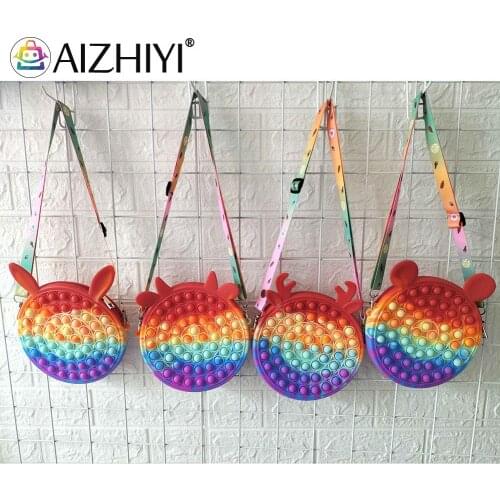 Push Bubble Round Shoulder Crossbody Bag Silicone Small Purse Handbags Decompression Puzzle Sensory Toys for Autism ADHD Rainbow