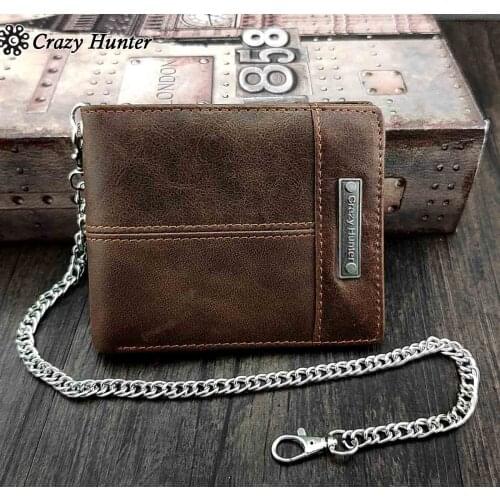 Mens Vintage Brown Genuine Leather Many Cards Wallet Coin Purse With safe Chain