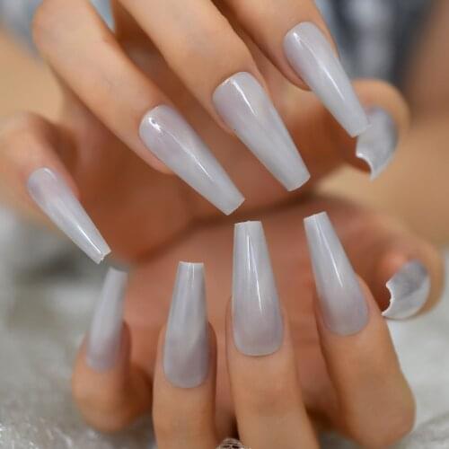 Shimmer Candy Grey Ballerina False Nails Hand Made Tapered Long Bling Hand Painted UV Nail Tips Reusable Thick