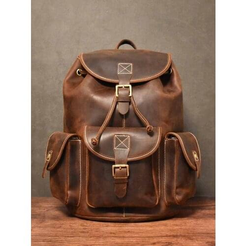 Original Handmade Crazy Horse Leather Mens Backpack Genuine Leather 15" Laptop Bag