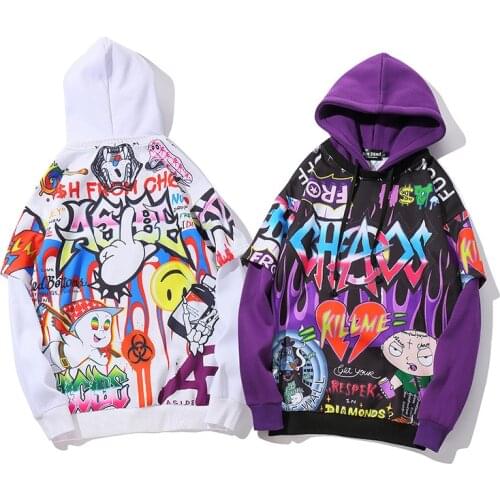 Autumn Winter Funny Graffiti Hip Hop Hoodie Men Women Harajuku Punk Hooded Sweatshirt White Purple Streetwear Sudaderas Hombre
