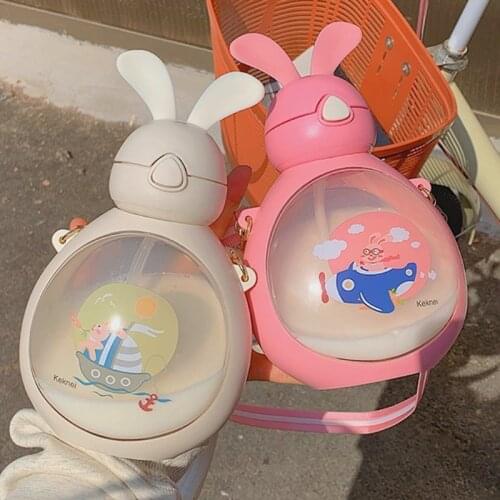 Big Belly Rabbit Plastic Water Cup with Straw and Lifting Rope Eco Drinkware Cute Water Bottle for Girls Kawaii Milk Tea Bottle