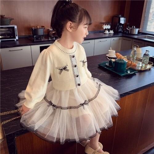 Korean Girls Boutique Tutu Dress Fall Winter Children Knitting Tops Patchwork Pocket Casual Clothing