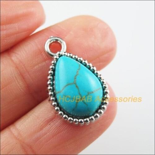 20 New Teardrop Flower Charms Dull Silver Plated Blue Stone Pendants 13x21mm