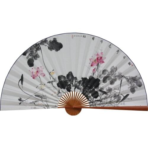 Large Folding Paper Fan Chinese Style Crafts Banboo Frame Background Decorative Fan Hanging Decoration Chinese Painting Lotus