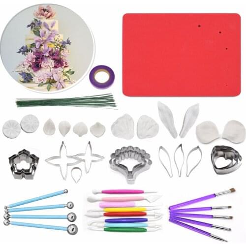 Flower Petal Silicone Veiner Mold Stainless Steel Cutter Set Brush Foam Set Fondant Sugarcraft Flower Mould Cake Decorating Tool