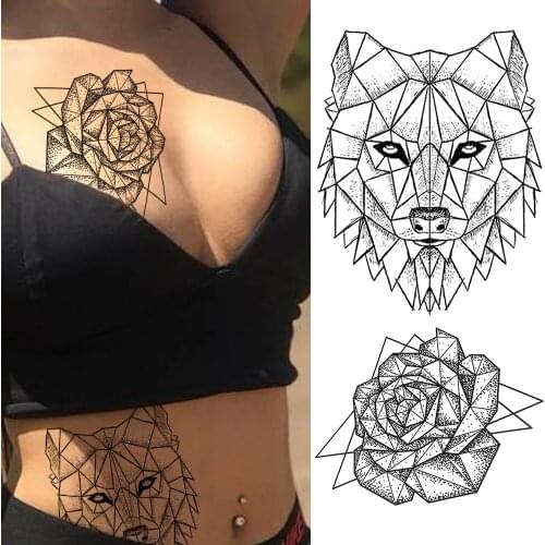 Black Wolf Lion Temporary Tattoos Sticker Dot Pattern Fake Geometric Flower Tattoos For Adult Fashion Body Art Chest Arm Tattoos