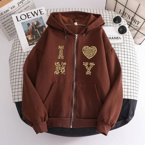 Letter Love Print Zip Hoodie Women Long Sleeve Zipper Sweatshirts for Women Cotton Hoodis Oversized Streetwear Zip Up Jacket