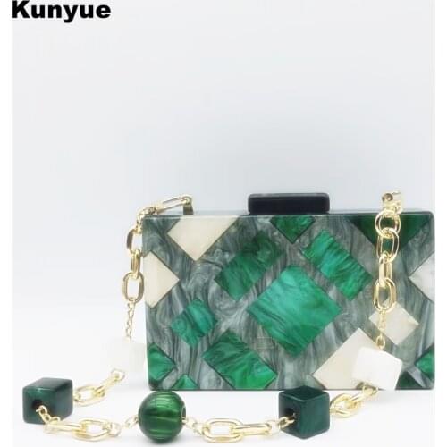 21Chic Wallet Women Messenger Bag Green Acrylic Evening Bag Lady Plaid Clutch Purse Shoulder Chain Crossbody Party Prom Handbags
