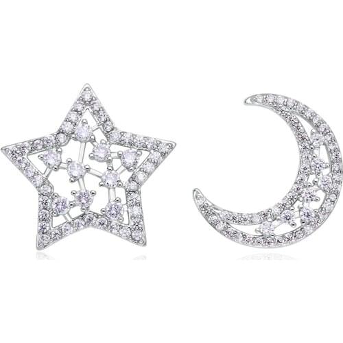 Tiny Trendy Cubic Zirconia Crystal Moon Star Stud Earrings Luxury Asymmetric Design Geometric Earrings For Women Fashion Jewelry