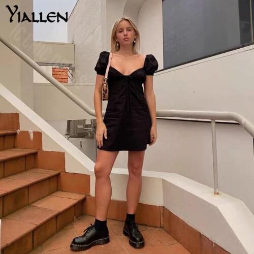 Yiallen Black Sexy Low Chest French Romantic Summer Dress 2021 Elegant Simple Vintage Kawaii Korean Young Streetwear Dress Women