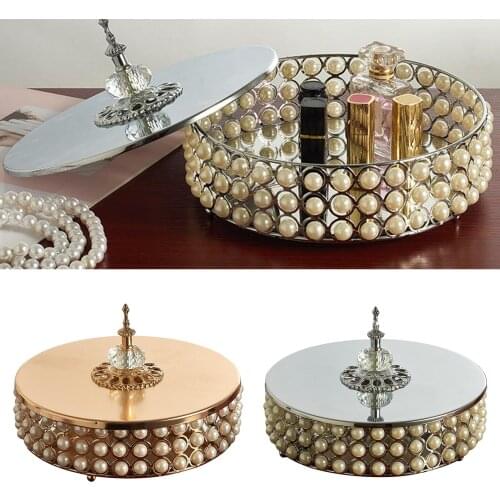 Golden Silver Mirror Base Tray Faux Pearls Decor Vanity Skin Care Bottle Storage