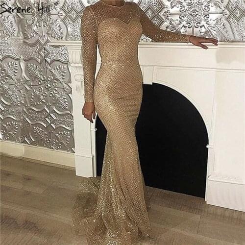 2020 Gold Gliter Long Sleeves Evening Dress Mermaid Beading Luxury Sexy Evening Gowns For Women Serene Hill LA6052