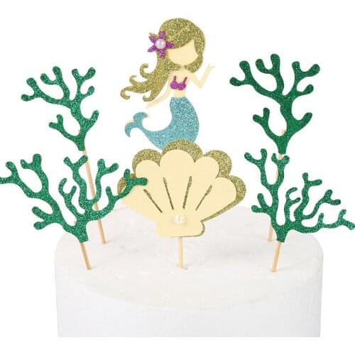 6pcs/set Glitter Little Mermaid Seaweed Shells Cake Topper Cupcake Topper Birthday Ocean World Party Decoration Dessert Supplies