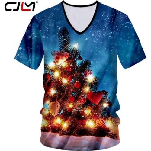 CJLM Winter Light Scenery T shirt 3D Printed Lovely Christman Tree Colored V Neck Tshirt Large Size Leisure VT
