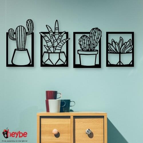 Wood Wall Decor Cactus Flower Vase Black Color Laser Cut Modern Nature Desert Home Office New 3D Creative Stylish Living Room Kitchen Decorative 2021 Modern Quality Gift Ornament Painting Art Classic Beautiful Cute
