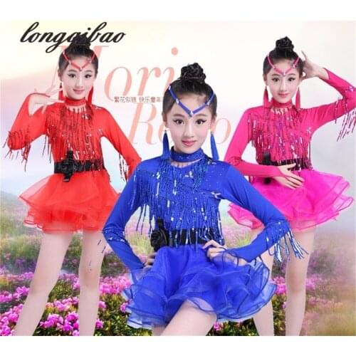 The new children 's Latin dance costumes girls sequins Latin dance yarn skirt fringed hot drilling performance clothing TB73