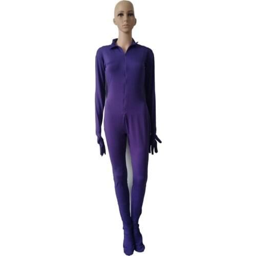 Womens Catsuit Halloween cosplay costumes purple color Spandex jumpsuits front Zipper without Hood