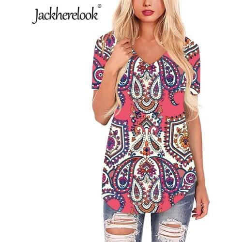 Jackherelook Polynesian Tribal Floral Ethnic Print Casaul Short Sleeve Shirts V-neck Blouse for Womens Clothing Blusas Mujer
