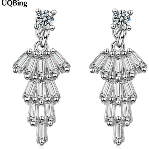 CZ Zircon Leaves Tassel Stud Earring For Women 925 Sterling Silver Gifts Jewelry