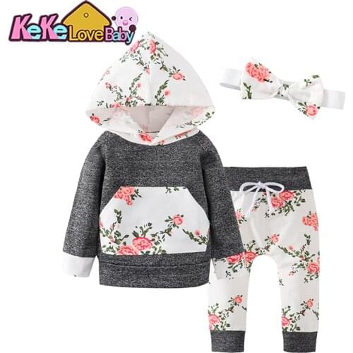 Newborn Infant Baby Girls Floral Clothes Set Long Sleeve Hooded Tops Hoodie Pants Headband Flower 3PCS Set Toddler Clothing