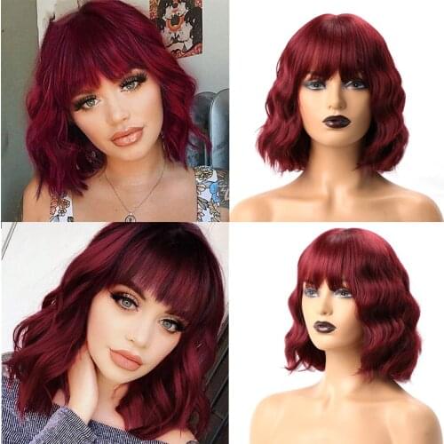 Short Wavy Wig with Bangs Black Synthetic Wigs for Women Natural Brown Mixed Black Hair Bob Wigs Heat Resistant Fiber