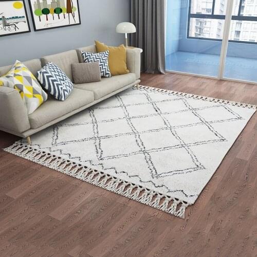 Moroccan Style Handmade Geometric Lattice Pattern Living Room Floor Mat Turkish Beige White Home Decor Bedroom Rug with Tassels