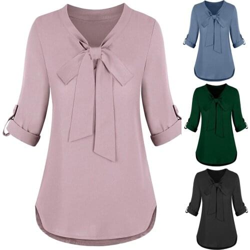 Fashionable Womens New Style Long Sleeve Bowknot Corbata De Moño Office Chiffon Blouse Casual All-match Shirt Patchwork Top