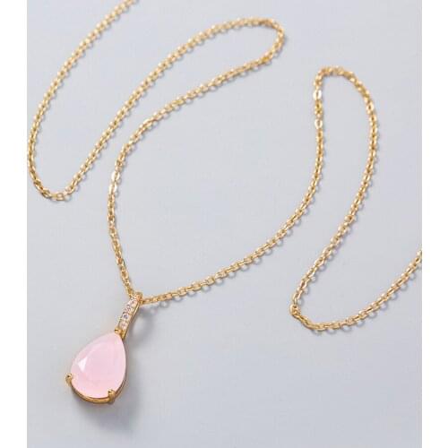 Fashion Micro Inlay Zircon Luxurious Pink Waterdrop Pendant Necklace Jewelry for Women Party Gift Copper Gold Chain
