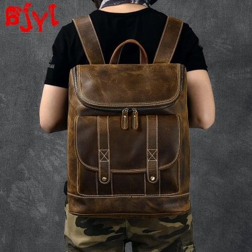 Mens Backpack Men Leather Travel Backpacks Male Computer Bag Large Capacity Retro Crazy Horse Leather First Layer Leather Solid