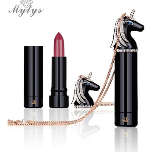 Mytys Designers 2 IN 1 Necklace with Lipstick Rose Gold Enamel Pendant Lipstick Case Unicorn Necklace + Gift Box Package