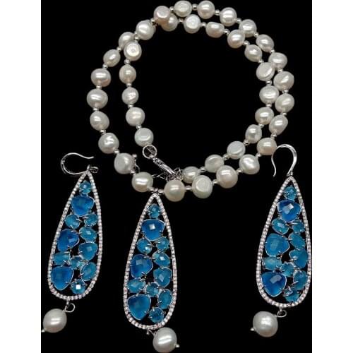 YYGEM White Baroque Pearl Bezel Set Blue Cat Eye Pave Silver Pendant Necklace Earrings Set