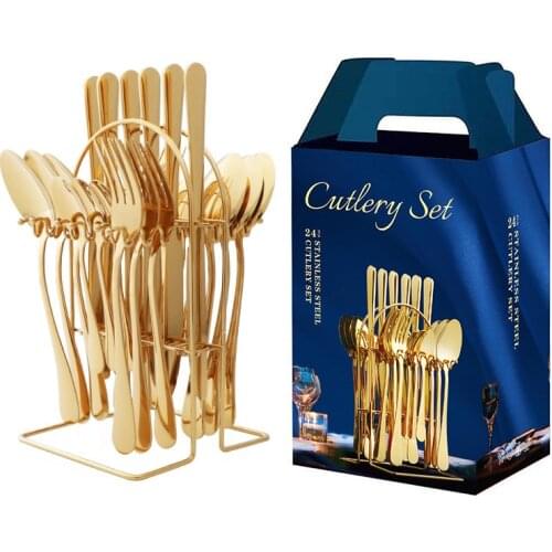 Golden Stainless Steel Cutlery Set 24pcs Fork Spoon Knife Curlery Set with Storage Restaurant Household Cutlery Set Gift Box Set