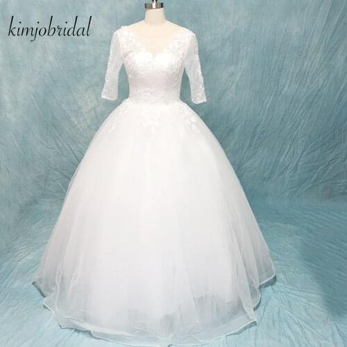 Real wedding dresses 2018 long sleeve pearls lace appliques ball gown beading sequins floor length bridal dresses gowns cheap