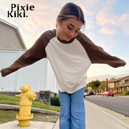 PixieKiki Brown Raglan Sleeve Y2k Grunge Top Women Casual Loose T Shirts Vintage 2000s Aesthetic Clothes Fall 2021 P67-BG20