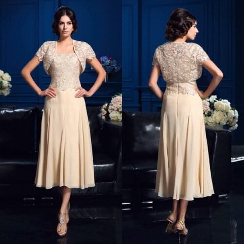 2019 Mother of the Bride Dresses with Jacket Strapless Chiffon Evening Gowns Prom Wear Knee-Length Formal Wedding Guest Dress