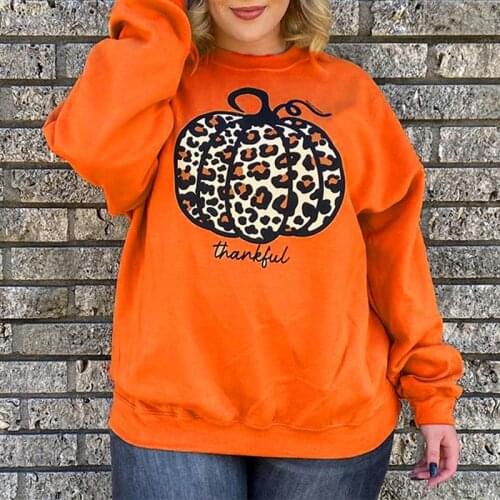 Khaki O Neck Casual Pumpkin Print Women Sweatshirt Long Sleeve Loose Orange Autumn Streetwear Female Hoodies Fashion 2021