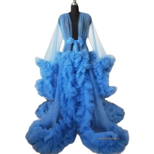 Chic Blue Ruffles Tulle Long Sleeve Women Winter Sexy Kimono Pregnant Party Sleepwear Women Bathrobe Sheer Nightgown Robe