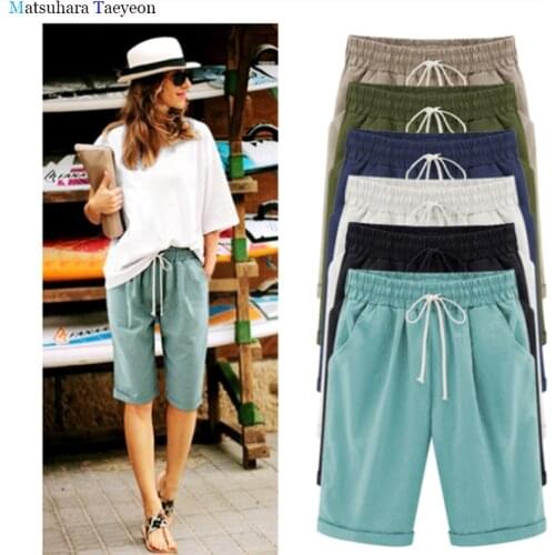 Summer Cotton Linen Shorts Fashion Casual Women Ladies Drawstring Elastic Loose Shorts Trousers Women Oversized Women