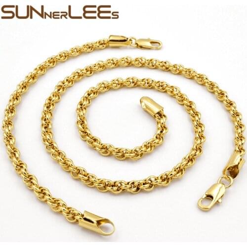 SUNNERLEES Fashion Jewelry Rose Gold Color Necklace Bracelet Set 5mm Rope Cable Rolo Link Chain For Mens Womens Gift C17 S